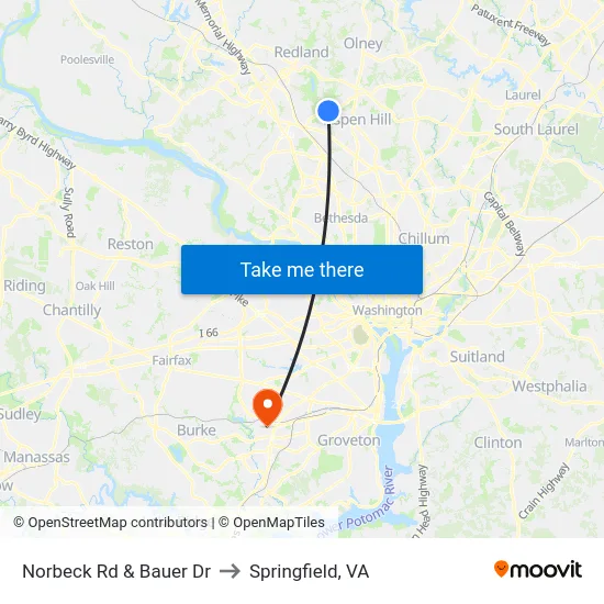 Norbeck Rd & Bauer Dr to Springfield, VA map