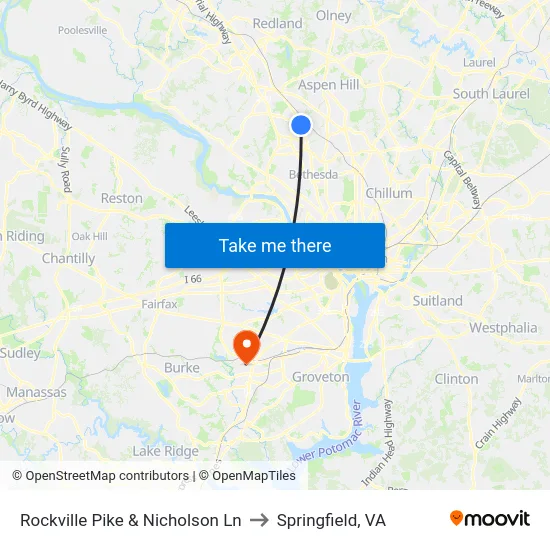 Rockville Pike & Nicholson Ln to Springfield, VA map