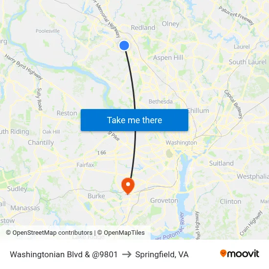 Washingtonian Blvd & @9801 to Springfield, VA map