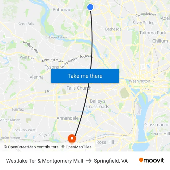 Westlake Ter & Montgomery Mall to Springfield, VA map