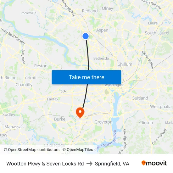 Wootton Pkwy & Seven Locks Rd to Springfield, VA map