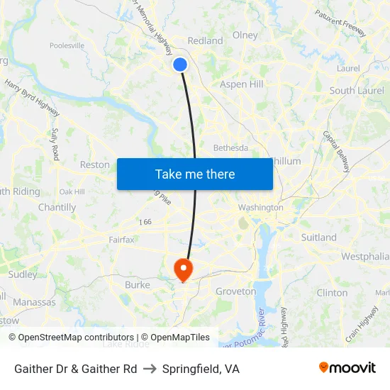 Gaither Dr & Gaither Rd to Springfield, VA map