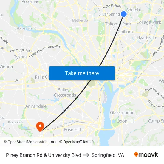 Piney Branch Rd & University Blvd to Springfield, VA map