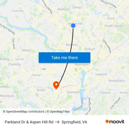 Parkland Dr & Aspen Hill Rd to Springfield, VA map