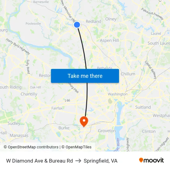 W Diamond Ave & Bureau Rd to Springfield, VA map