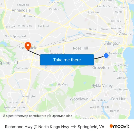 Richmond Hwy @ North Kings Hwy to Springfield, VA map