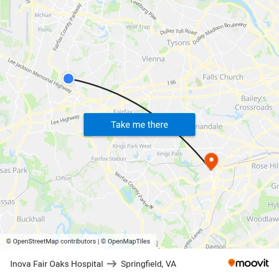 Inova Fair Oaks Hospital to Springfield, VA map