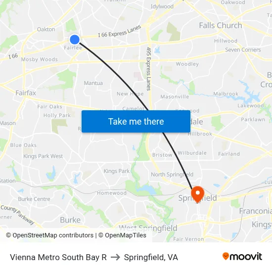 Vienna Metro South Bay R to Springfield, VA map