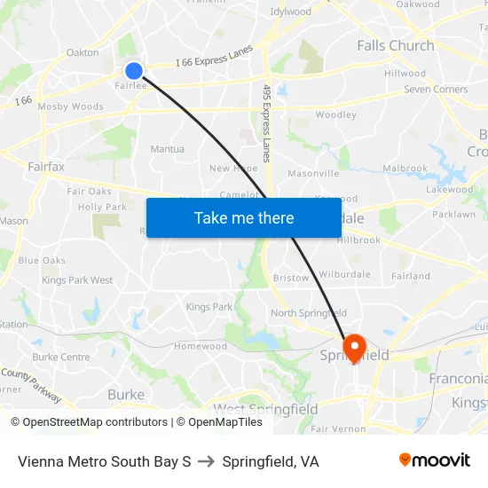 Vienna Metro South Bay S to Springfield, VA map