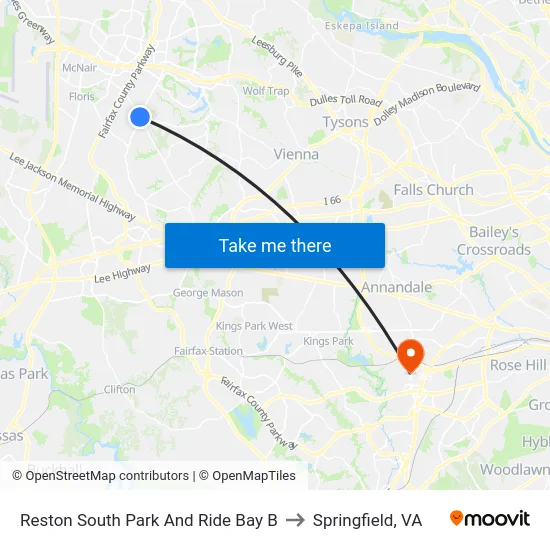 Reston South Park And Ride Bay B to Springfield, VA map