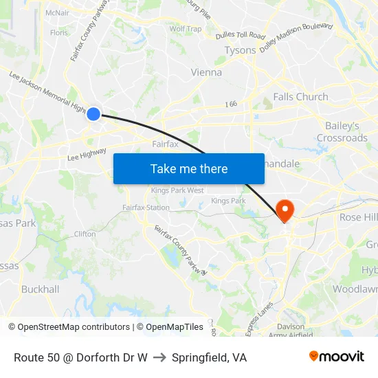 Route 50 @ Dorforth Dr W to Springfield, VA map