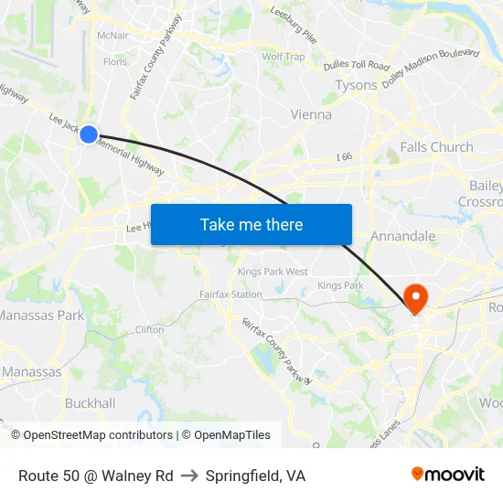 Route 50 @ Walney Rd to Springfield, VA map