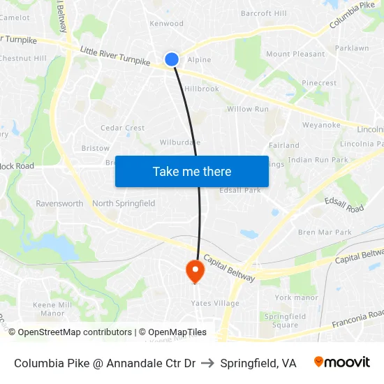 Columbia Pike @ Annandale Ctr Dr to Springfield, VA map