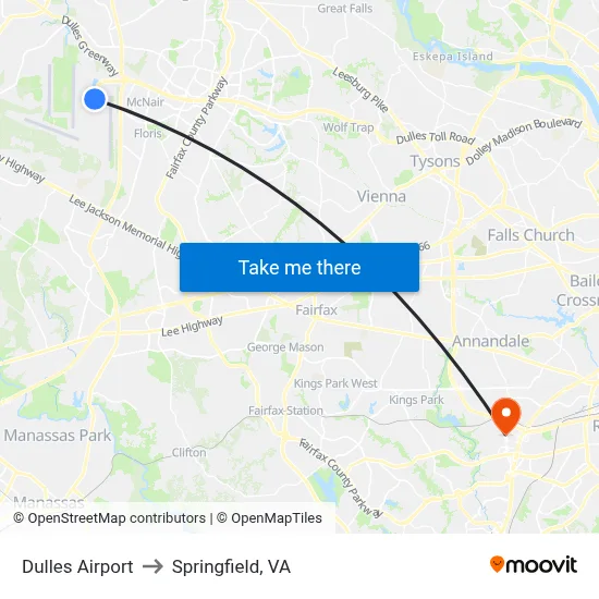 Dulles Airport to Springfield, VA map