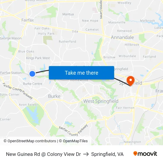 New Guinea Rd @ Colony View Dr to Springfield, VA map