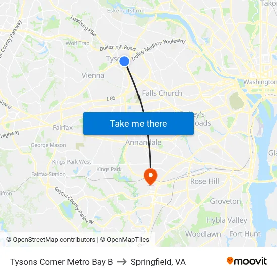 Tysons Corner Metro Bay B to Springfield, VA map