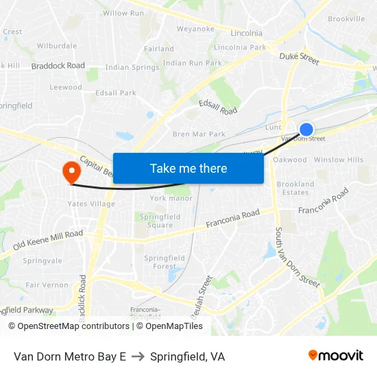 Van Dorn Metro Bay E to Springfield, VA map