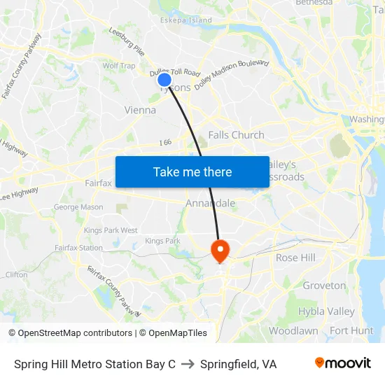 Spring Hill Metro Station Bay C to Springfield, VA map