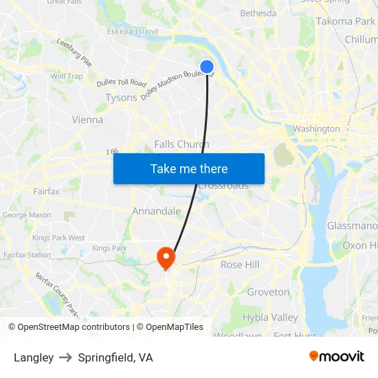 Langley to Springfield, VA map