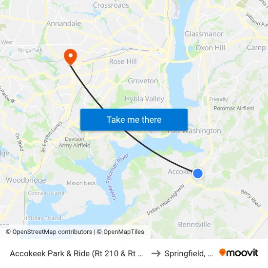 Accokeek Park & Ride (Rt 210 & Rt 373) to Springfield, VA map