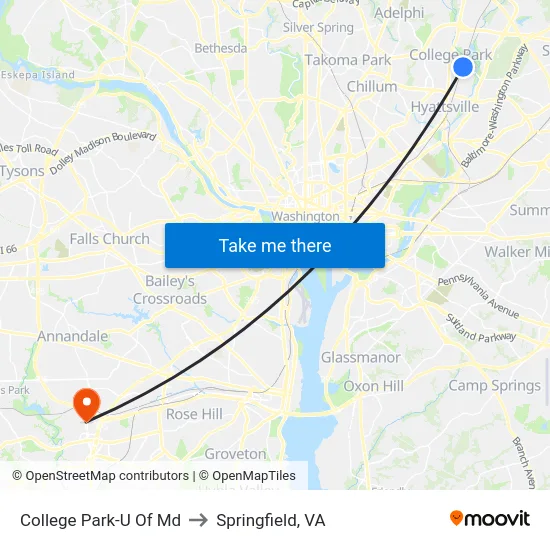 College Park-U Of Md to Springfield, VA map