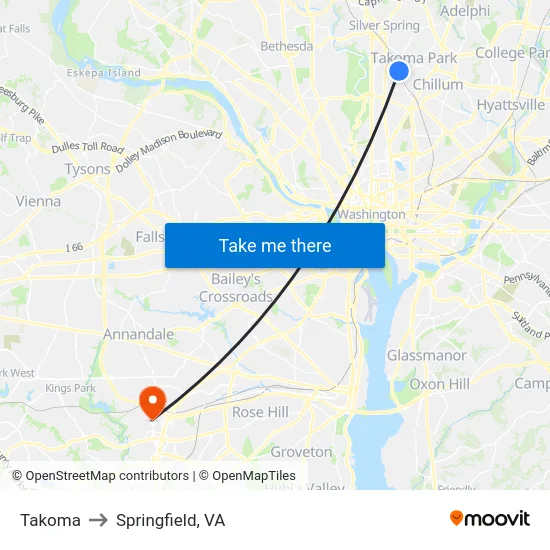 Takoma to Springfield, VA map