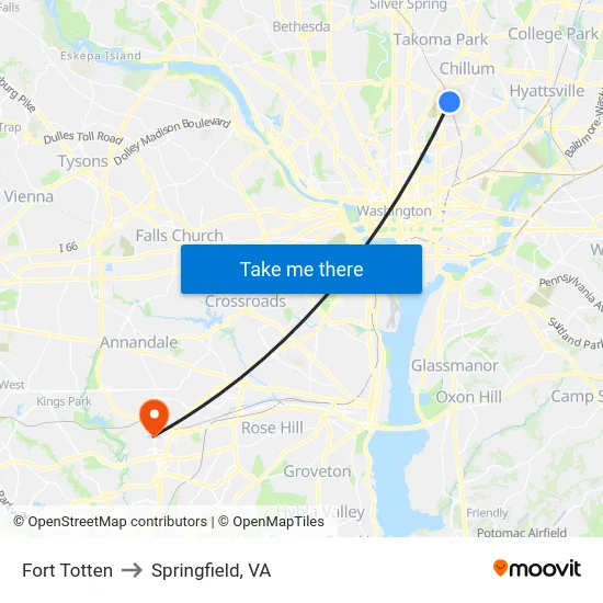 Fort Totten to Springfield, VA map