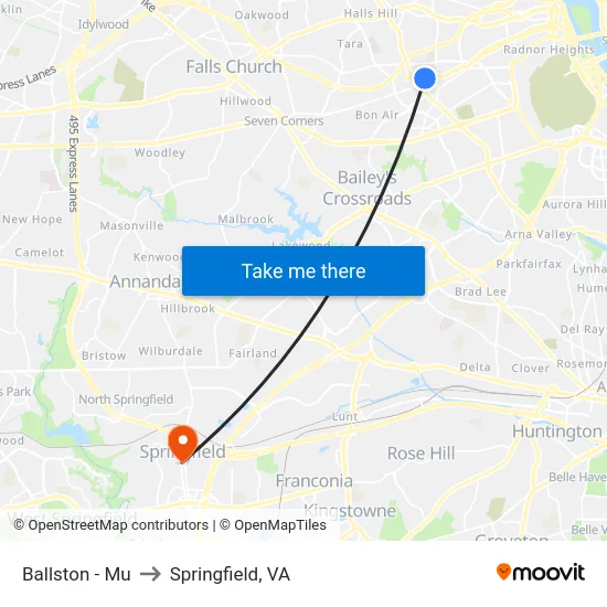 Ballston - Mu to Springfield, VA map