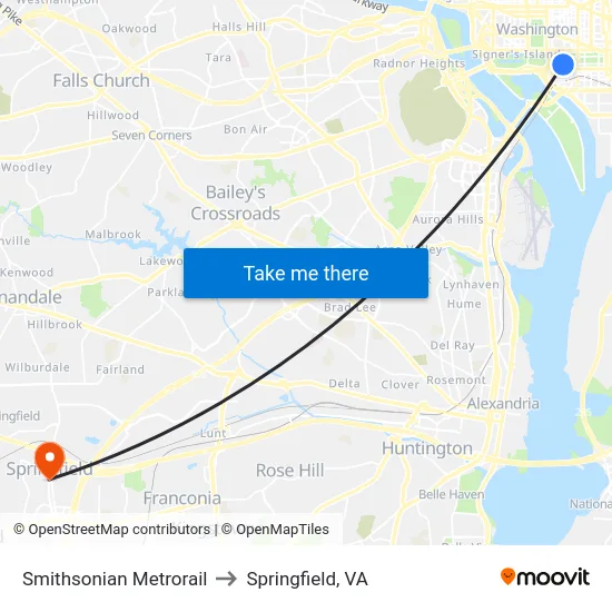 Smithsonian Metrorail to Springfield, VA map