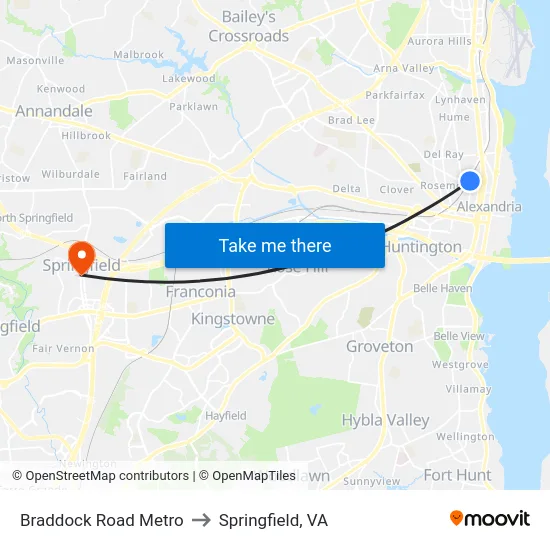 Braddock Road Metro to Springfield, VA map