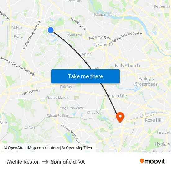 Wiehle-Reston to Springfield, VA map