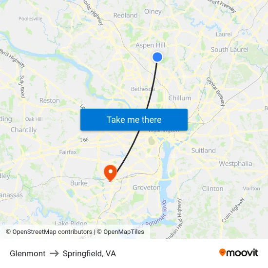 Glenmont to Springfield, VA map