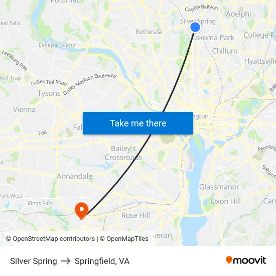 Silver Spring to Springfield, VA map