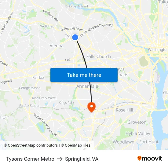 Tysons Corner Metro to Springfield, VA map
