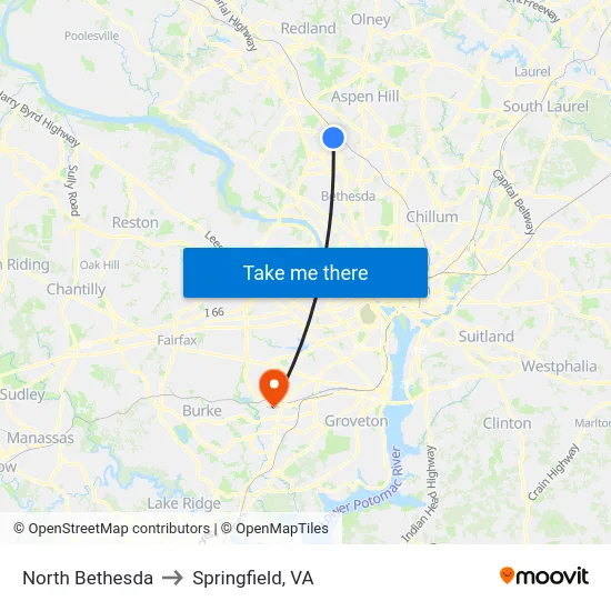 North Bethesda to Springfield, VA map