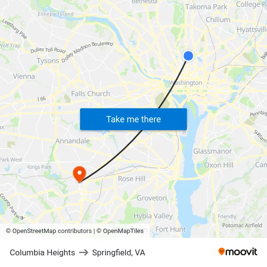 Columbia Heights to Springfield, VA map