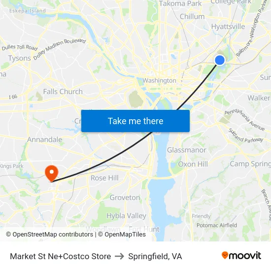 Market St Ne+Costco Store to Springfield, VA map