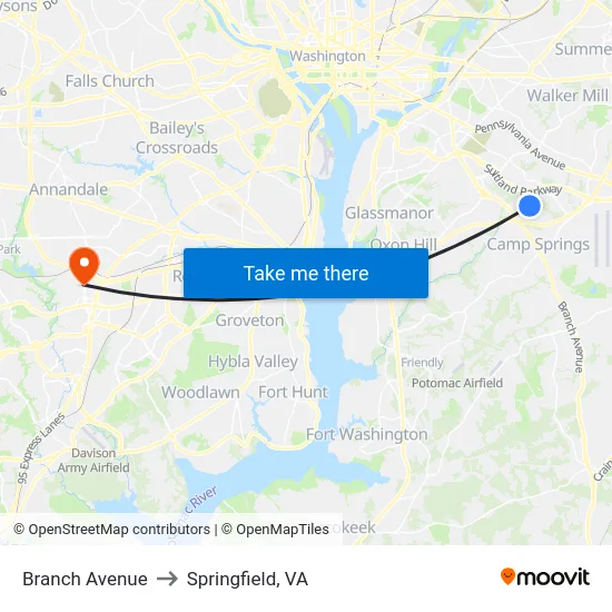 Branch Avenue to Springfield, VA map