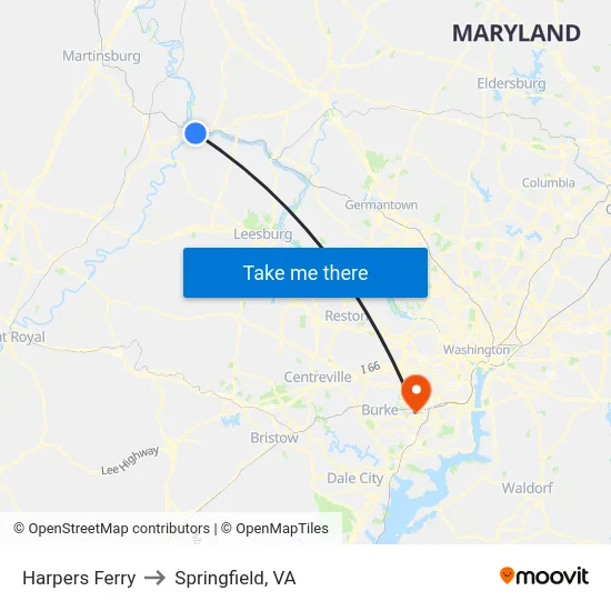 Harpers Ferry to Springfield, VA map
