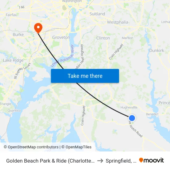 Golden Beach Park & Ride (Charlotte Hall) to Springfield, VA map