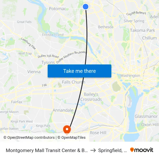Montgomery Mall Transit Center & Bay B to Springfield, VA map