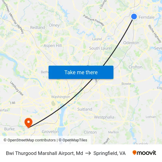 Bwi Thurgood Marshall  Airport, Md to Springfield, VA map