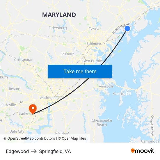 Edgewood to Springfield, VA map