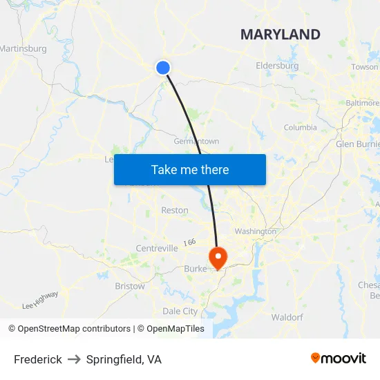 Frederick to Springfield, VA map