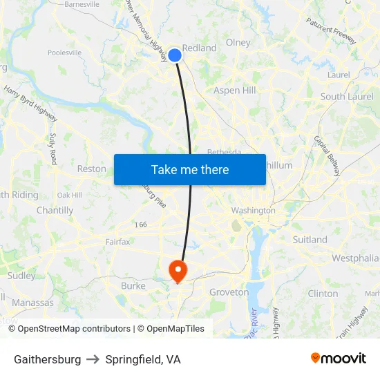 Gaithersburg to Springfield, VA map