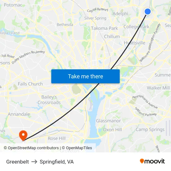 Greenbelt to Springfield, VA map