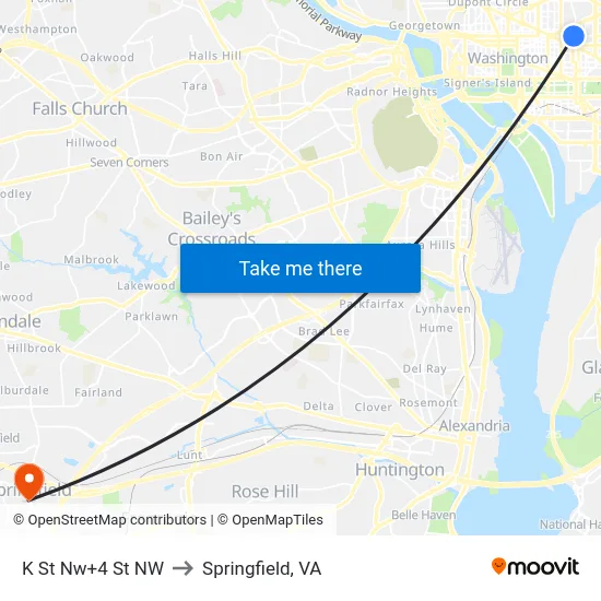 K St Nw+4 St NW to Springfield, VA map