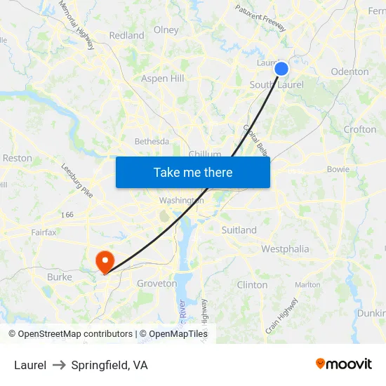 Laurel to Springfield, VA map