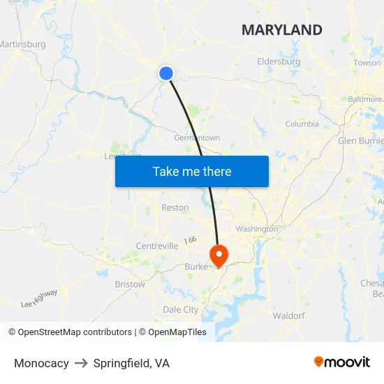 Monocacy to Springfield, VA map