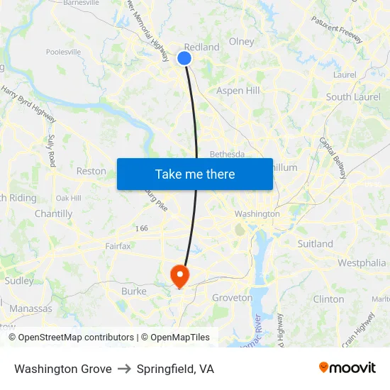 Washington Grove to Springfield, VA map